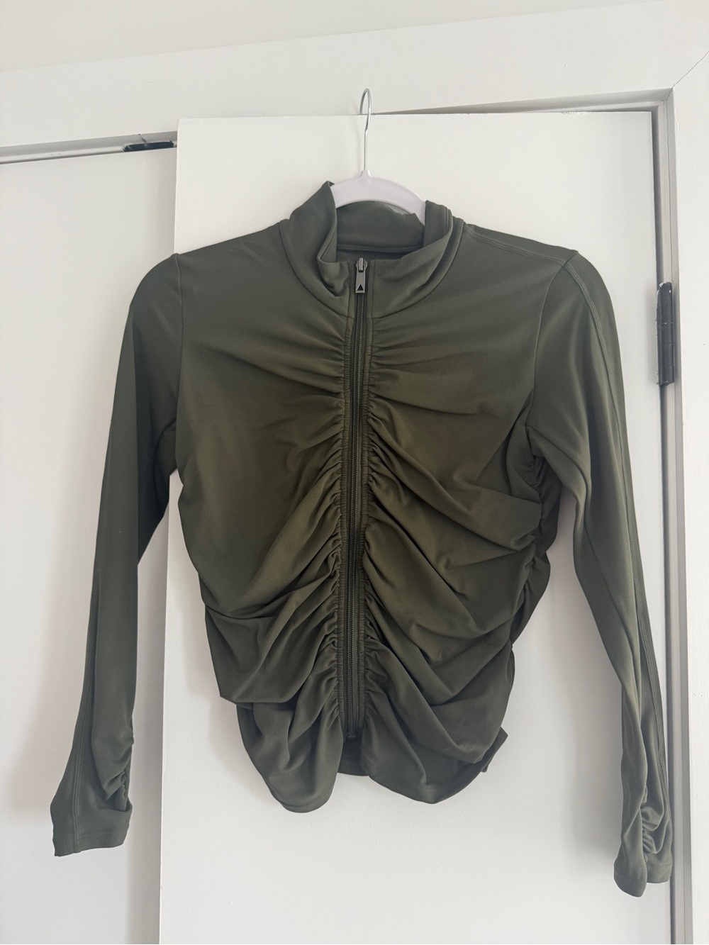 Women's Olive Ruched Zip-Front Jacket